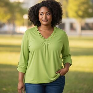 Fashion Bug Lime Green Long Sleeve Knit Top Plus Size 2X Ruffle V-Neck Cotton
